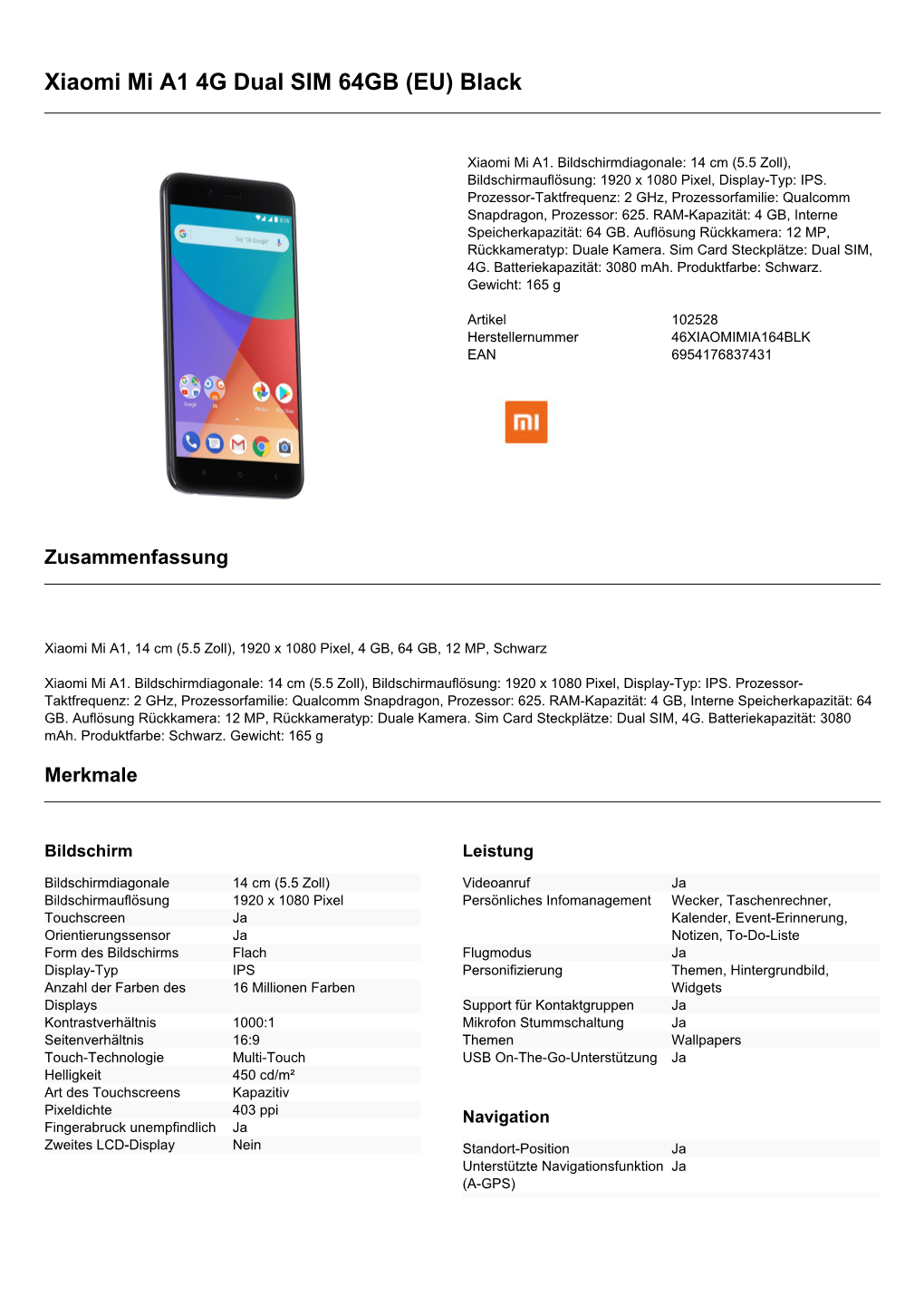 Xiaomi Mi A1 4G Dual SIM 64GB (EU) Black