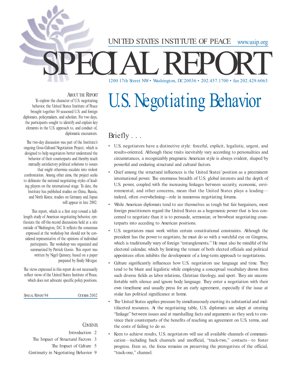 U.S. Negotiating Behavior, the United States Institute of Peace U.S