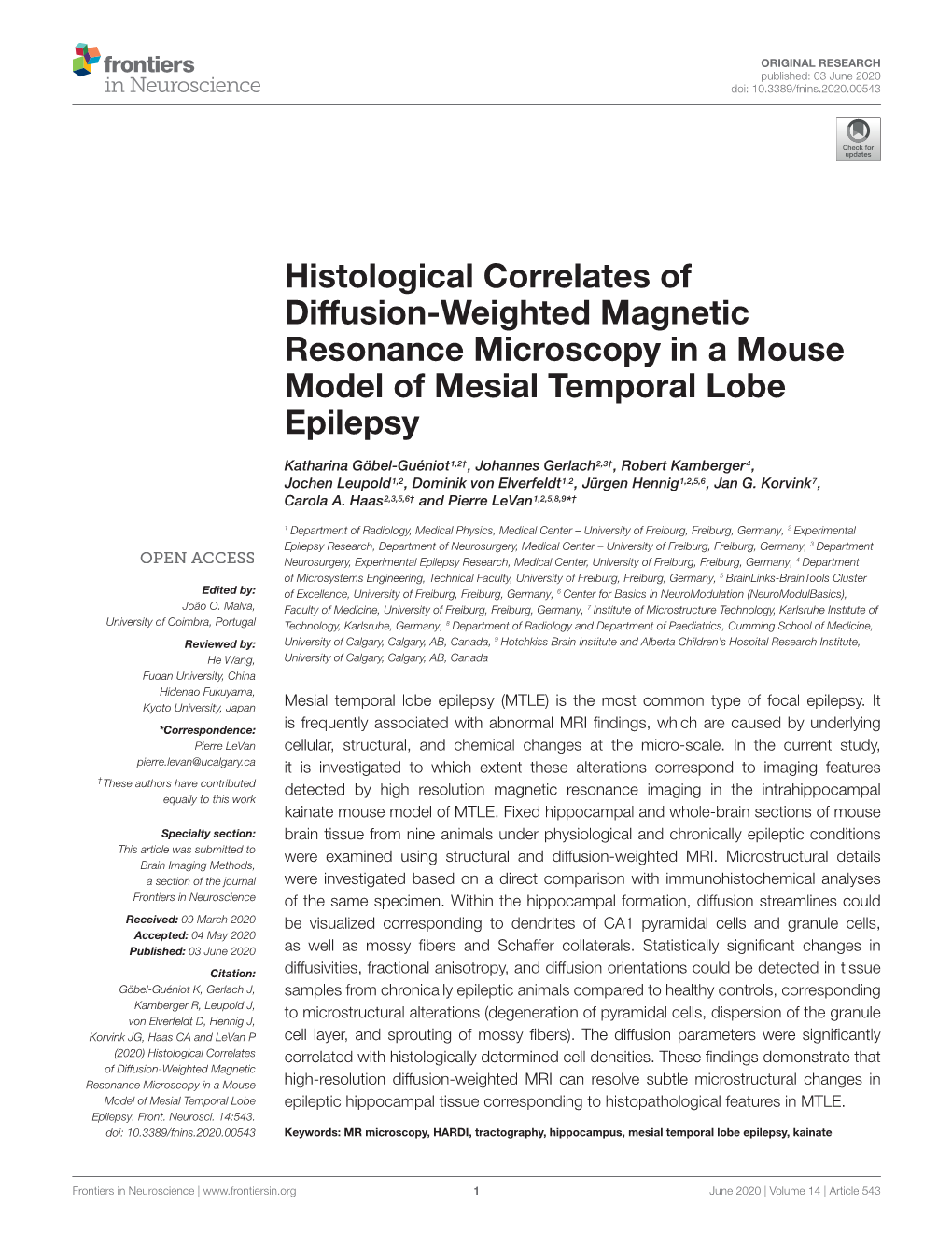 Histological Correlates of Diffusion-Weighted Magnetic Resonance Microscopy in a Mouse Model of Mesial Temporal Lobe Epilepsy