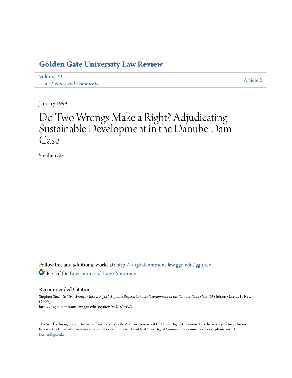 Adjudicating Sustainable Development in the Danube Dam Case Stephen Stec