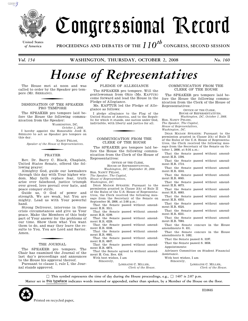 Congressional Record United States Th of America PROCEEDINGS and DEBATES of the 110 CONGRESS, SECOND SESSION