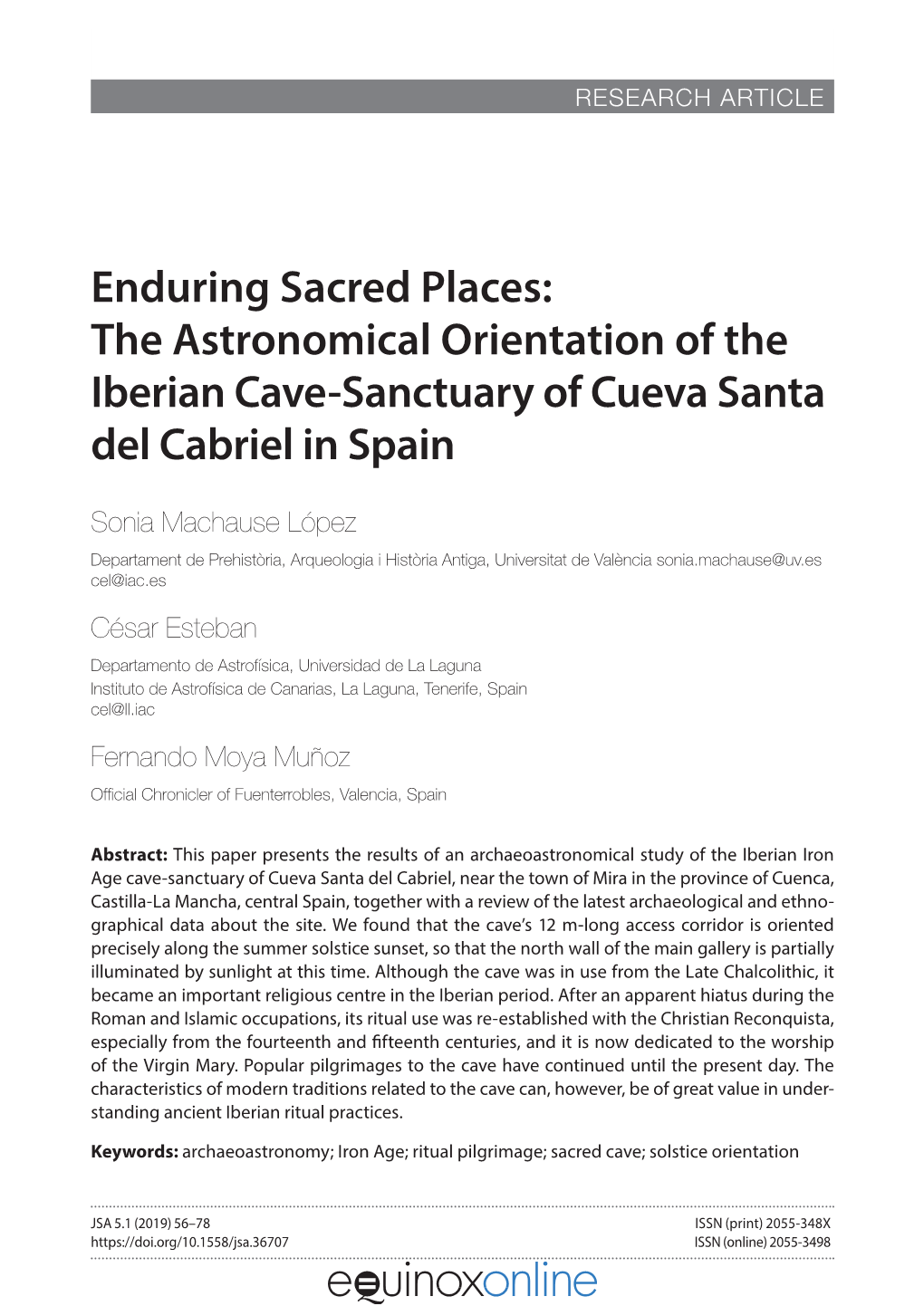 The Astronomical Orientation of the Iberian Cave-Sanctuary of Cueva Santa Del Cabriel in Spain