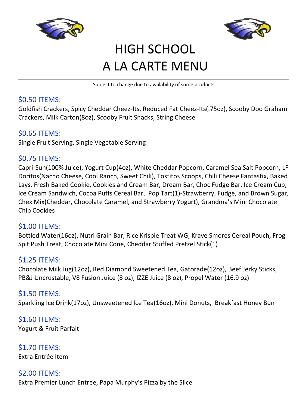 High School a La Carte Menu