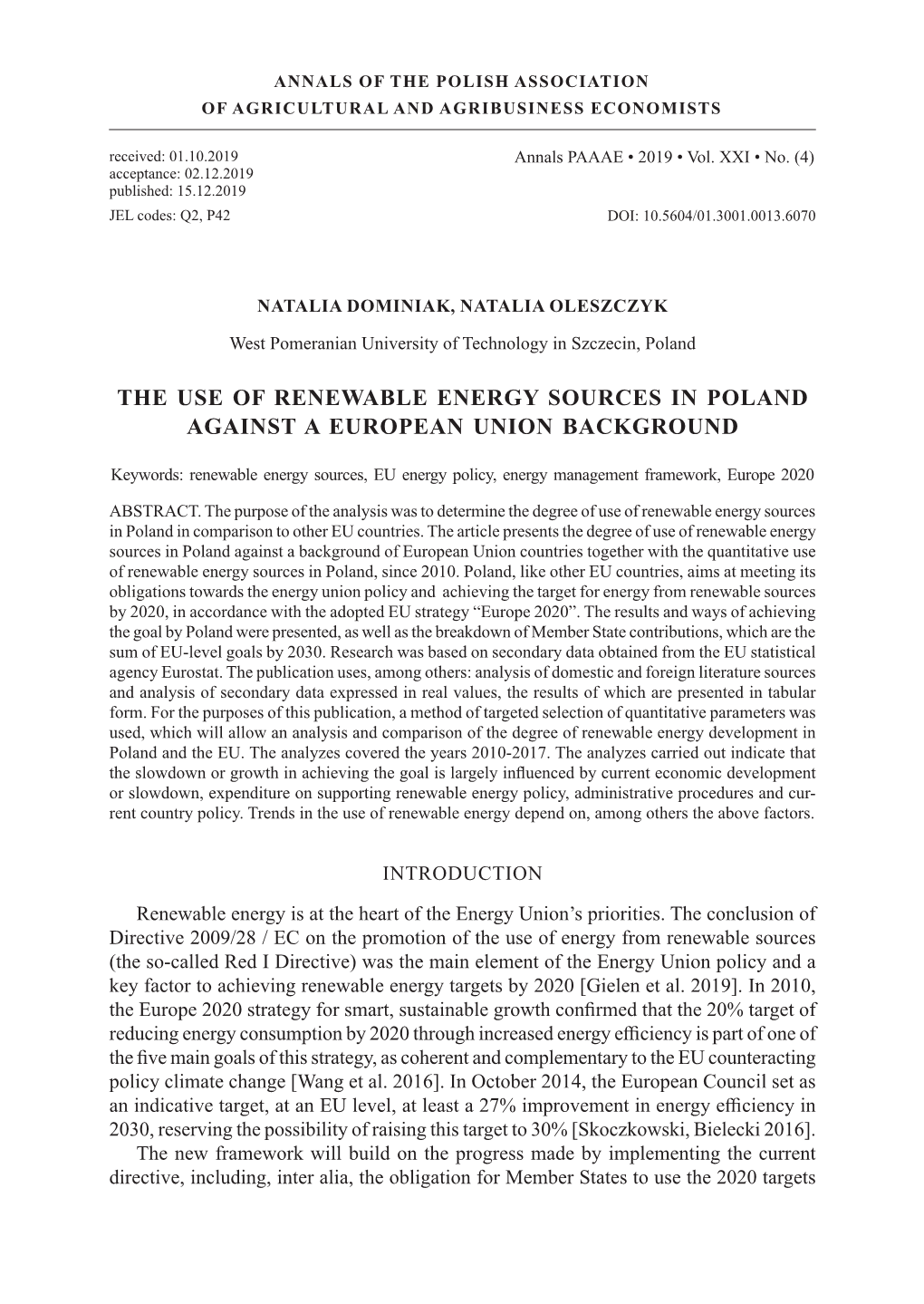 The Use of Renewable Energy Sources in Poland Against a European Union Background