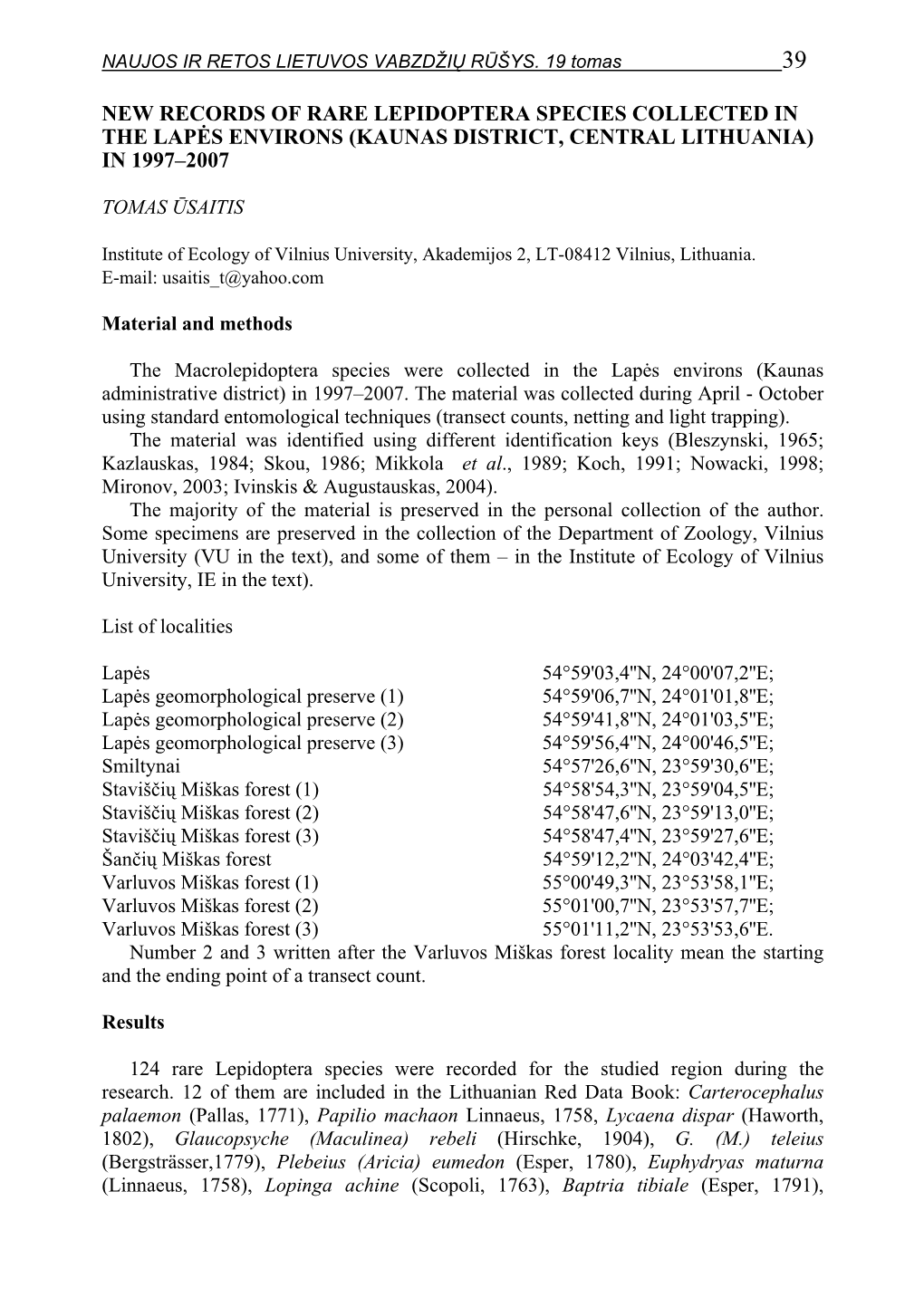 Vol 19 P.39-48 Usaitis T. New Records of Rare Lepidoptera Species