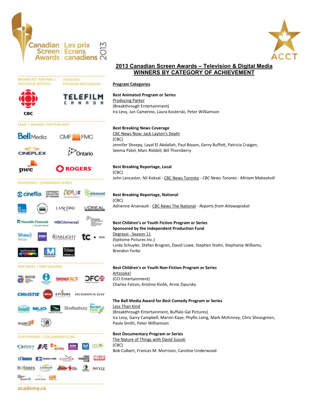 2013 Canadian Screen Awards – Television & Digital Media