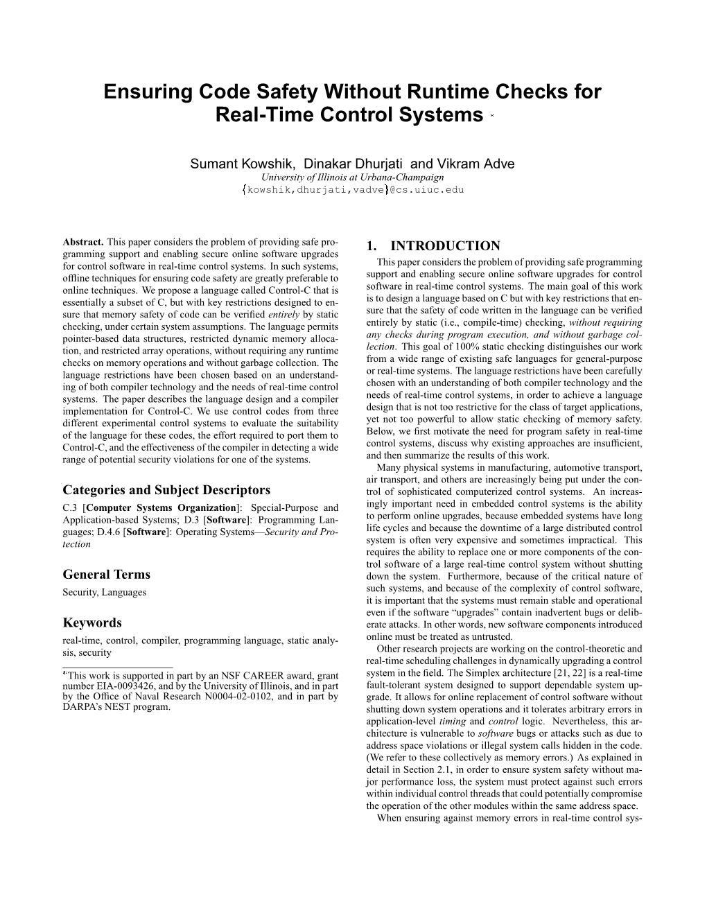 Ensuring Code Safety Without Runtime Checks for Real-Time Control Systems