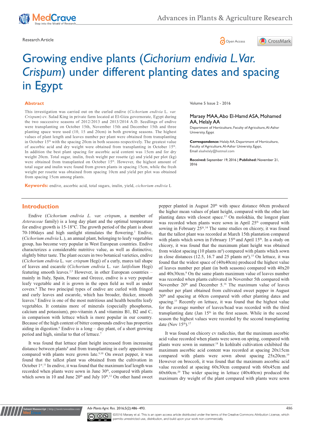 Growing Endive Plants (Cichorium Endivia L. Var. Crispum) Under Different Planting Dates and Spacing in Egypt