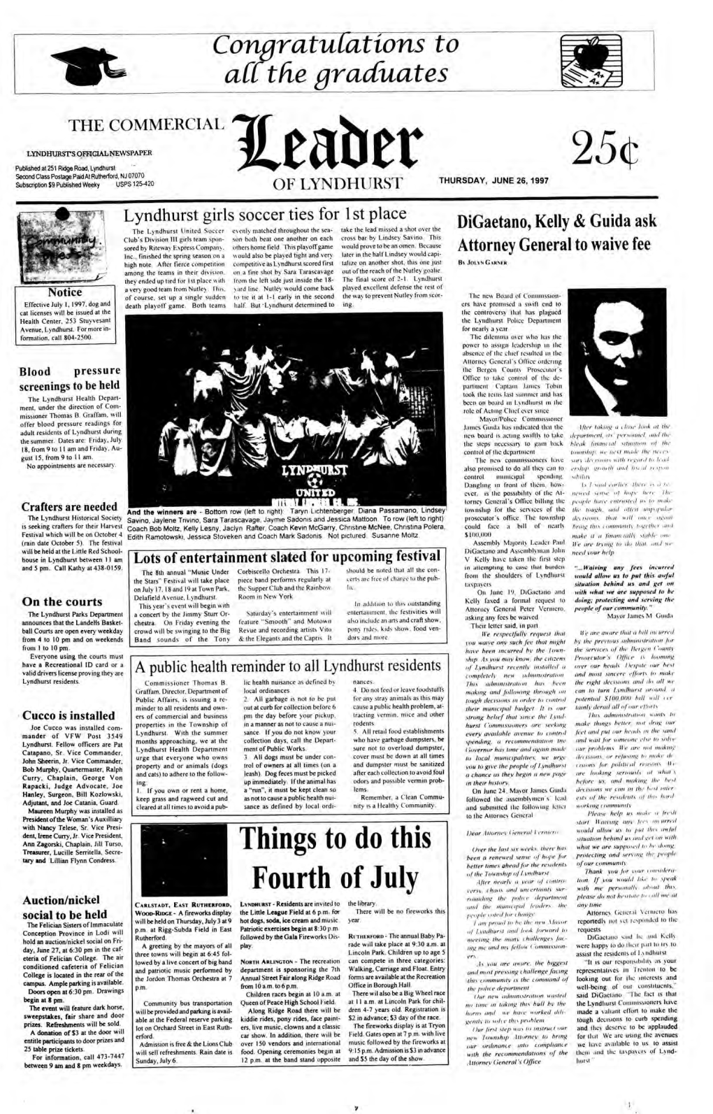 Heaber THURSDAY, JUNE 26, 1997 Subscription $9 Published Weeky USPS125-420 of LYNDHURST