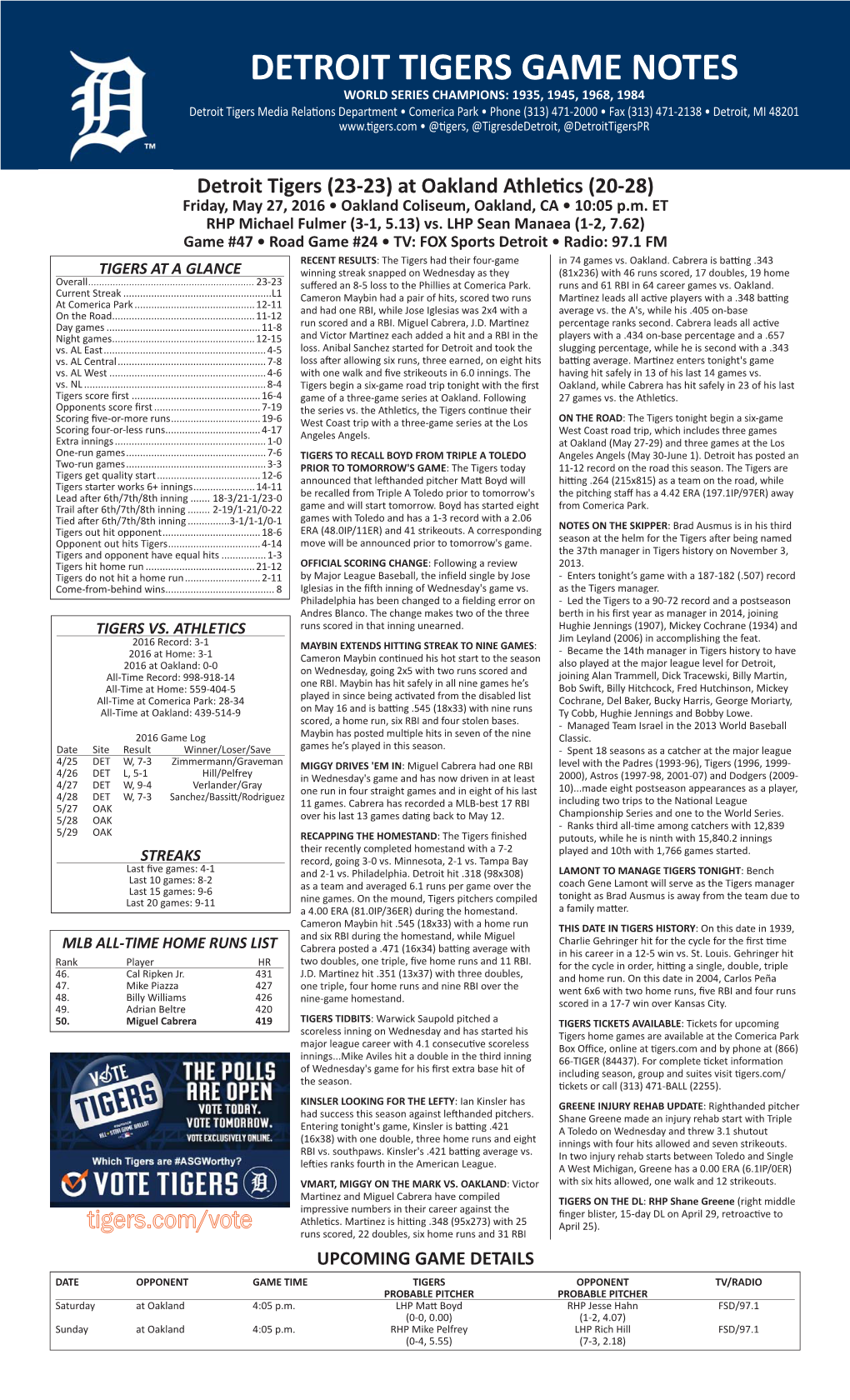 05-27-2016 Tigers Game Notes