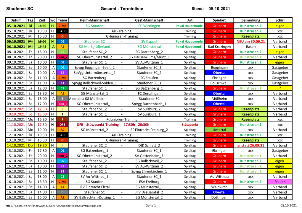 Gesamtspielplan.Xlsx Seite 1 05.10.2021 Staufener SC Gesamt - Terminliste Stand: 05.10.2021