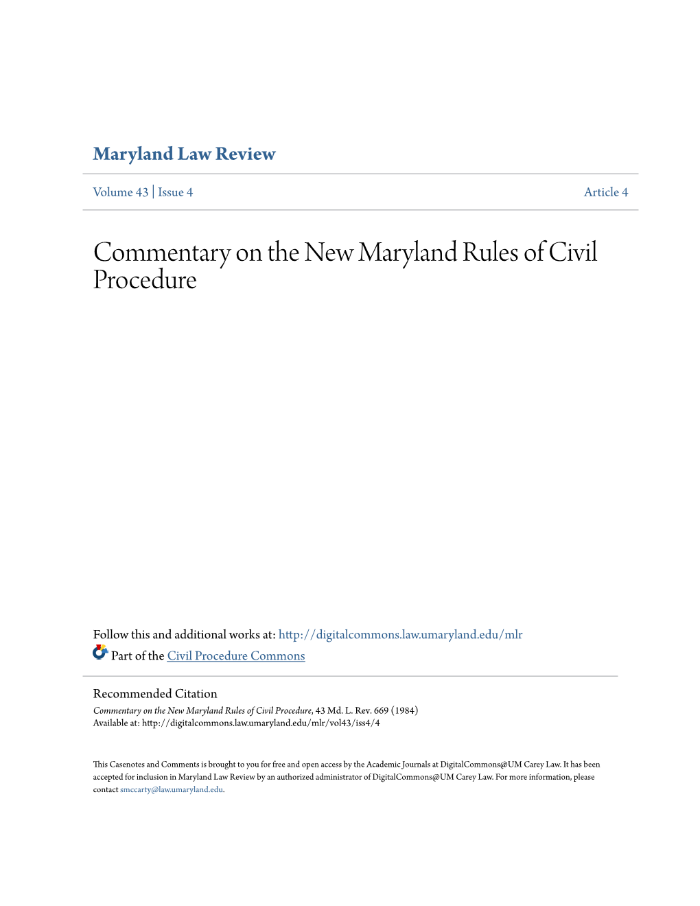 Commentary on the New Maryland Rules of Civil Procedure