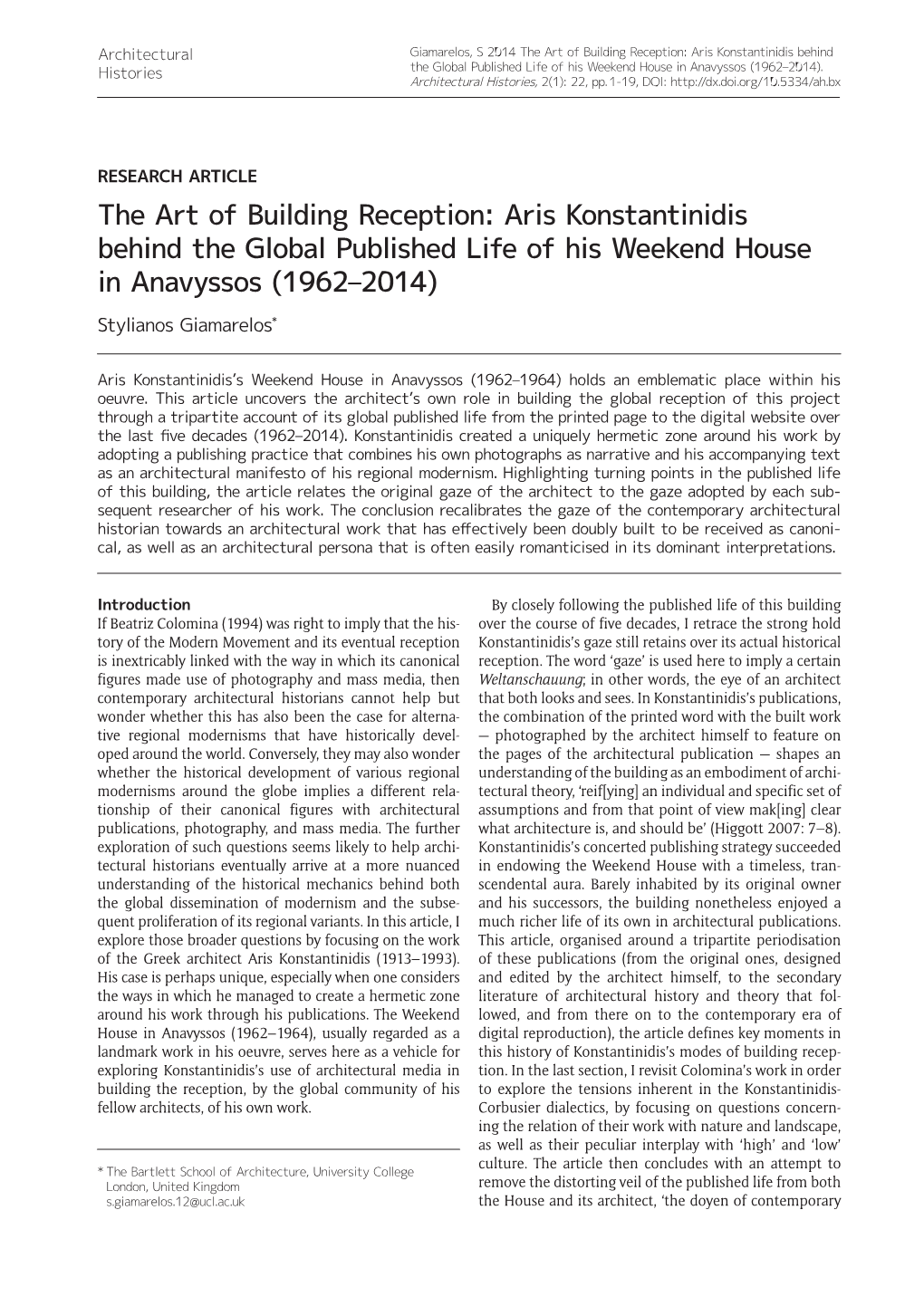 The Art of Building Reception: Aris Konstantinidis Behind +LVWRULHV the Global Published Life of His Weekend House in Anavyssos (1962–2014)