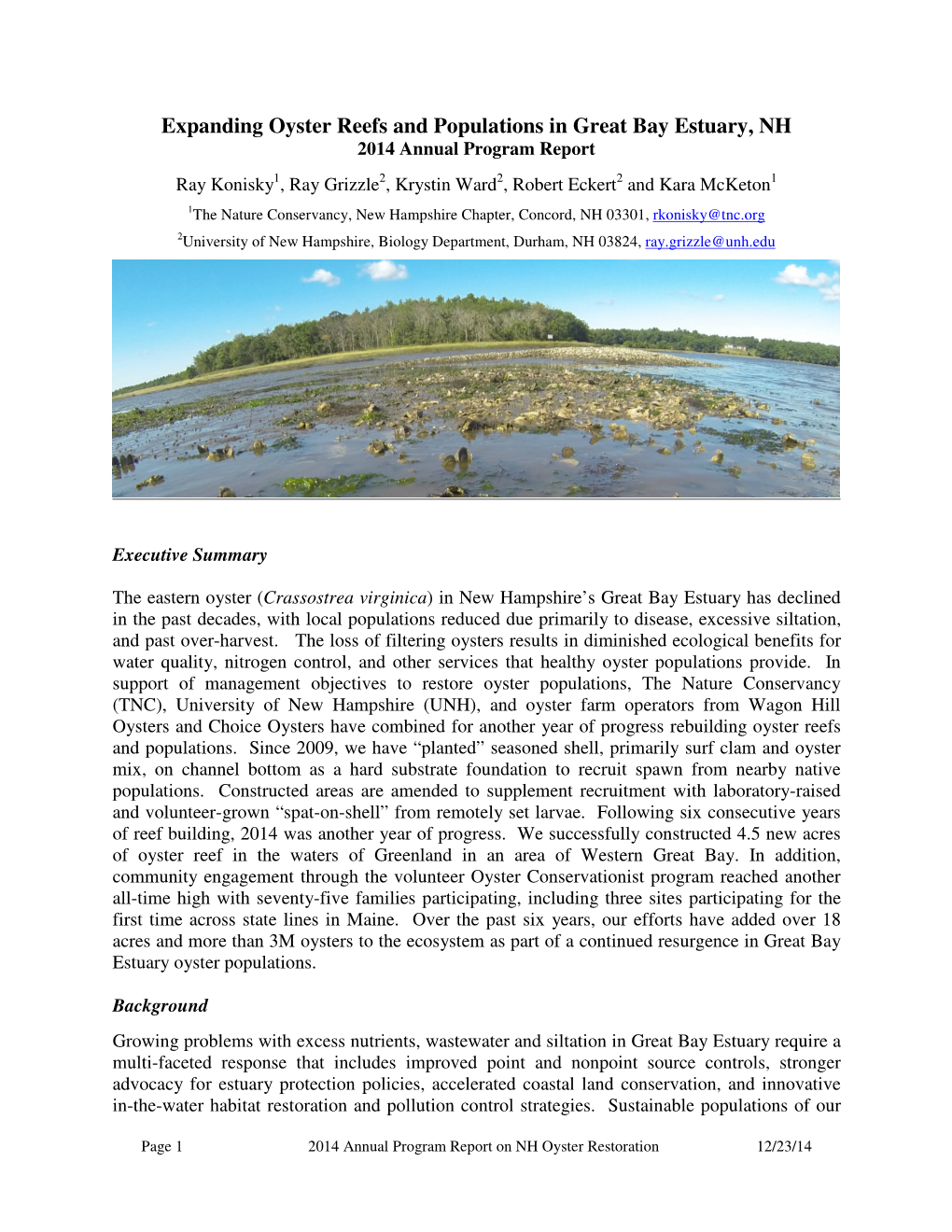 Expanding Oyster Reefs and Populations in Great Bay Estuary, NH 2014 Annual Program Report