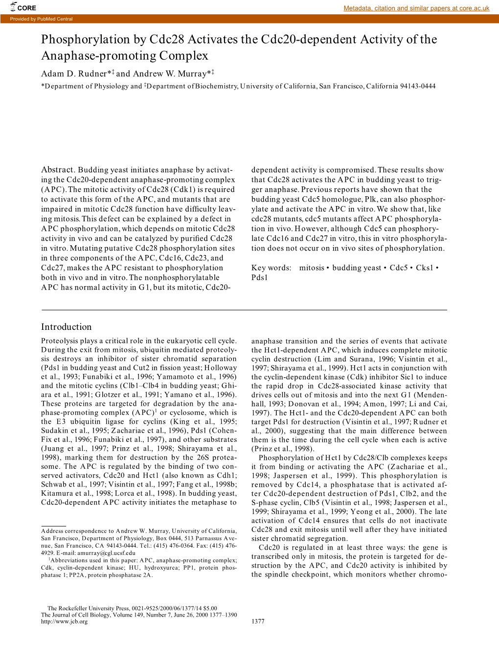 Phosphorylation by Cdc28 Activates the Cdc20-Dependent Activity of the Anaphase-Promoting Complex Adam D