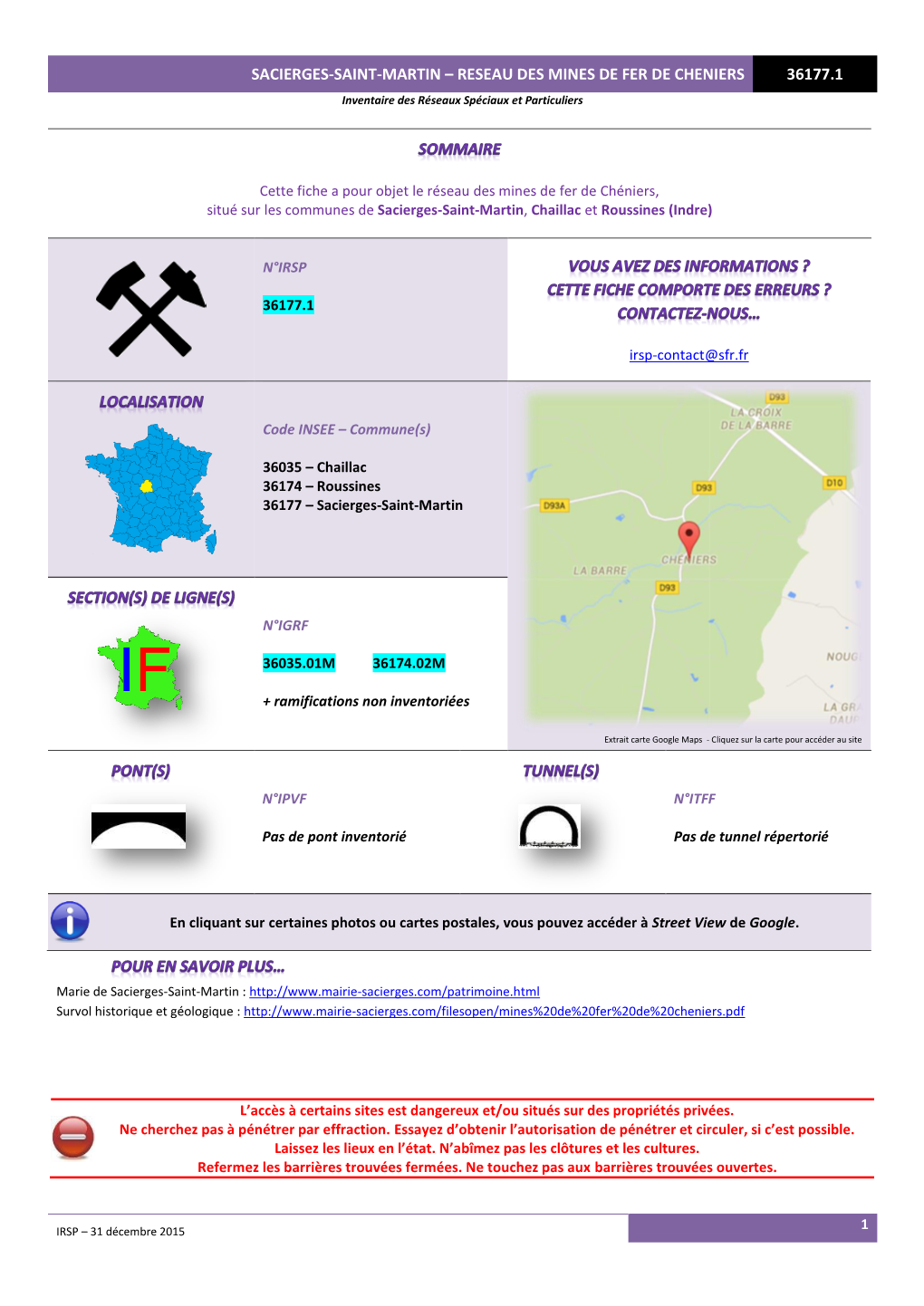 SACIERGES-SAINT-MARTIN – RESEAU DES MINES DE FER DE CHENIERS 36177.1 Inventaire Des Réseaux Spéciaux Et Particuliers