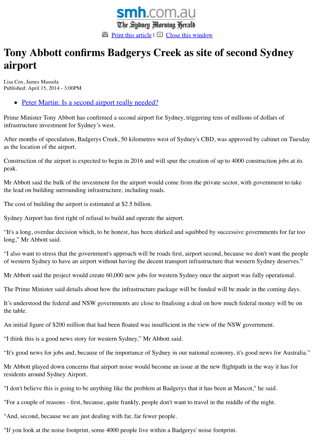 Tony Abbott Confirms Badgerys Creek As Site of Second Sydney Airport