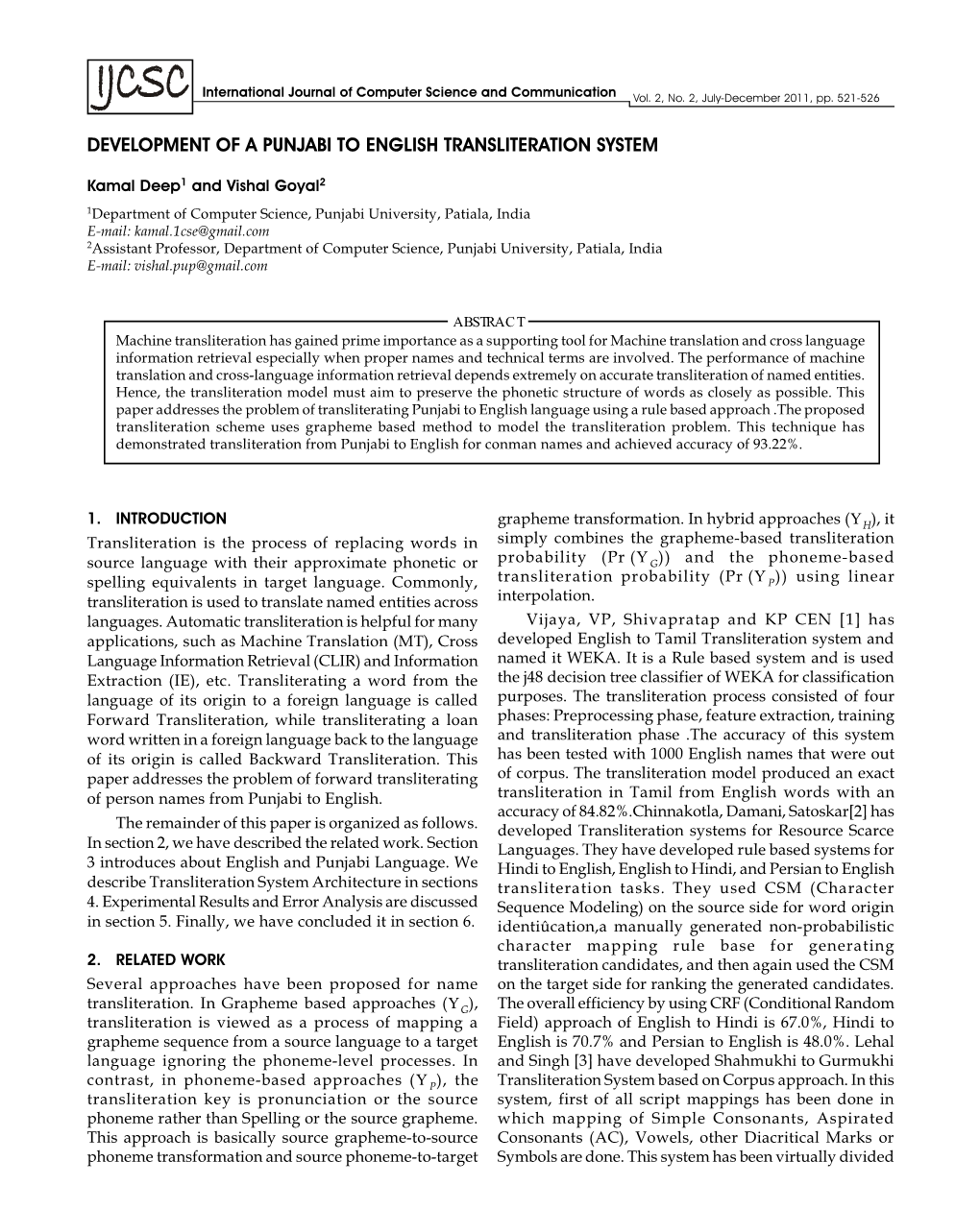 Development of a Punjabi to English Transliteration System