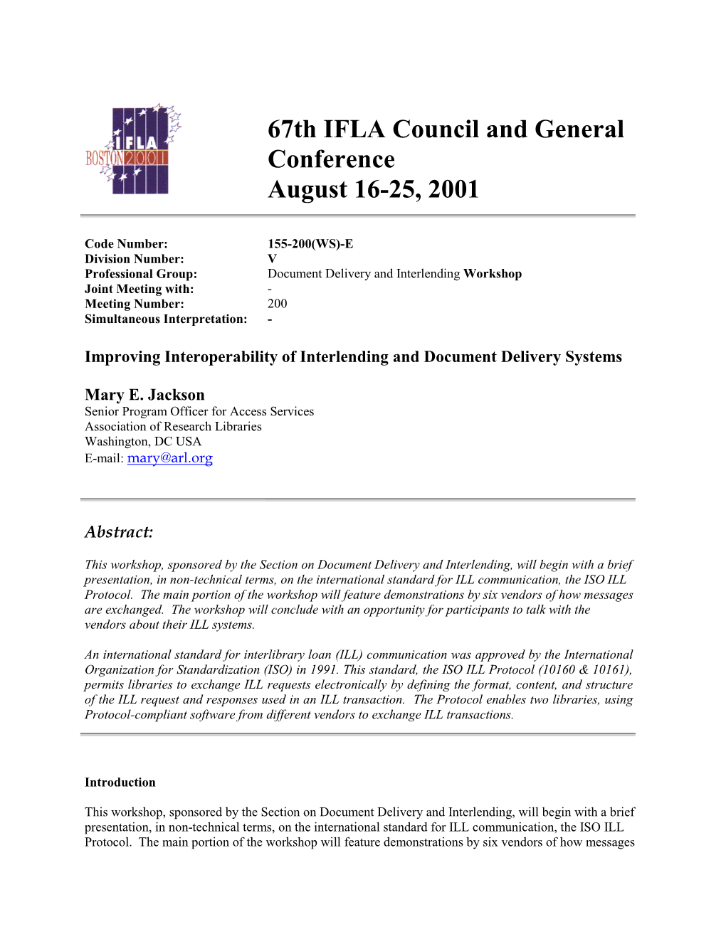 67Th IFLA Council and General Conference August 16-25, 2001