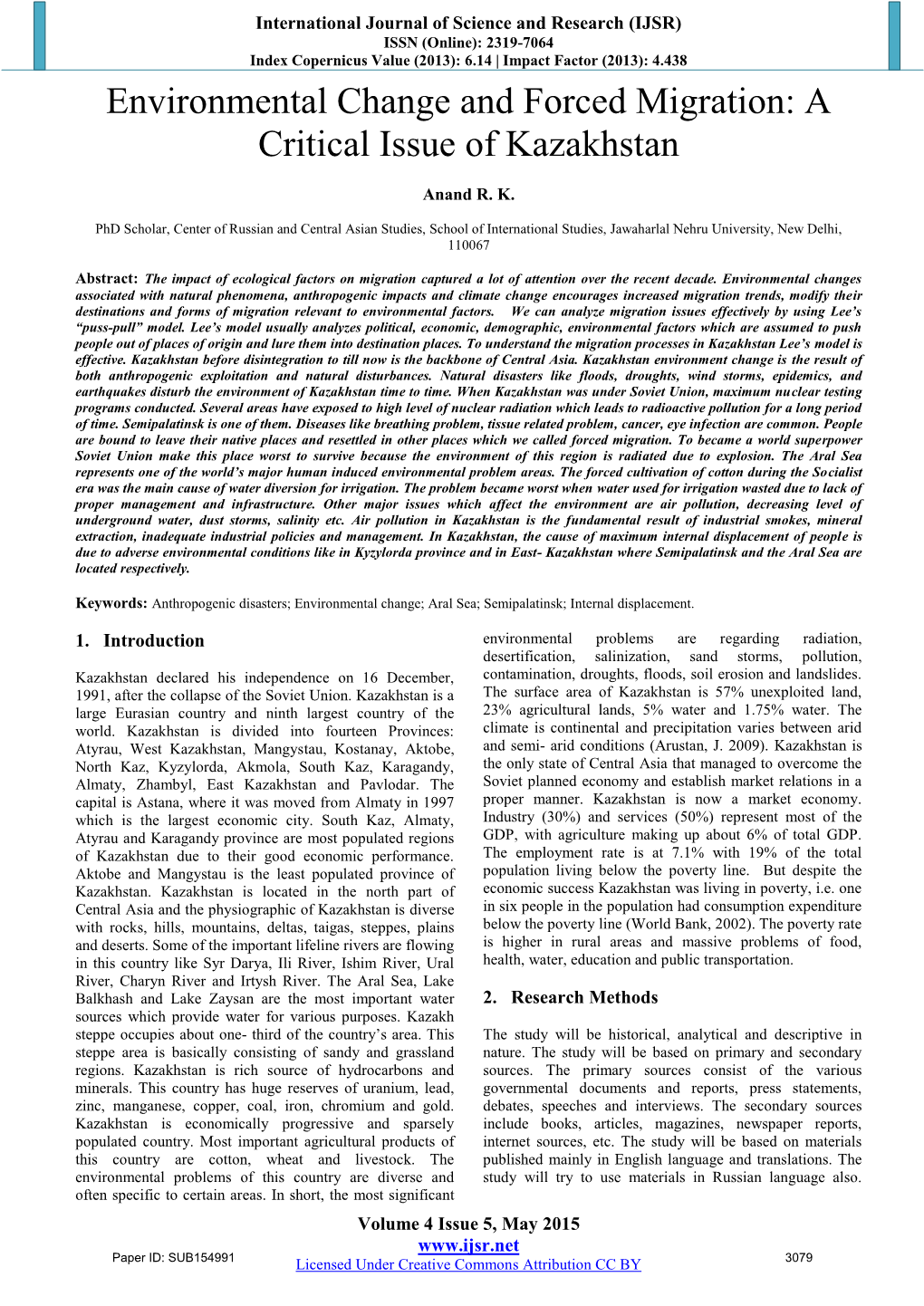 Environmental Change and Forced Migration: a Critical Issue of Kazakhstan