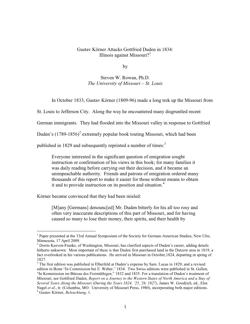 Gustav Körner Attacks Gottfried Duden in 1834: Illinois Against Missouri?1