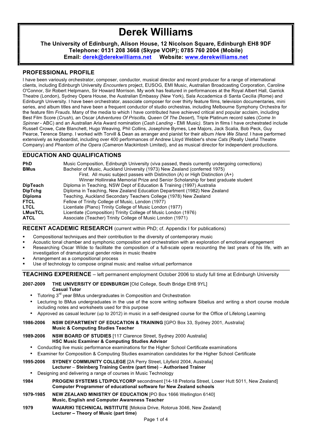 Derek Williams CV