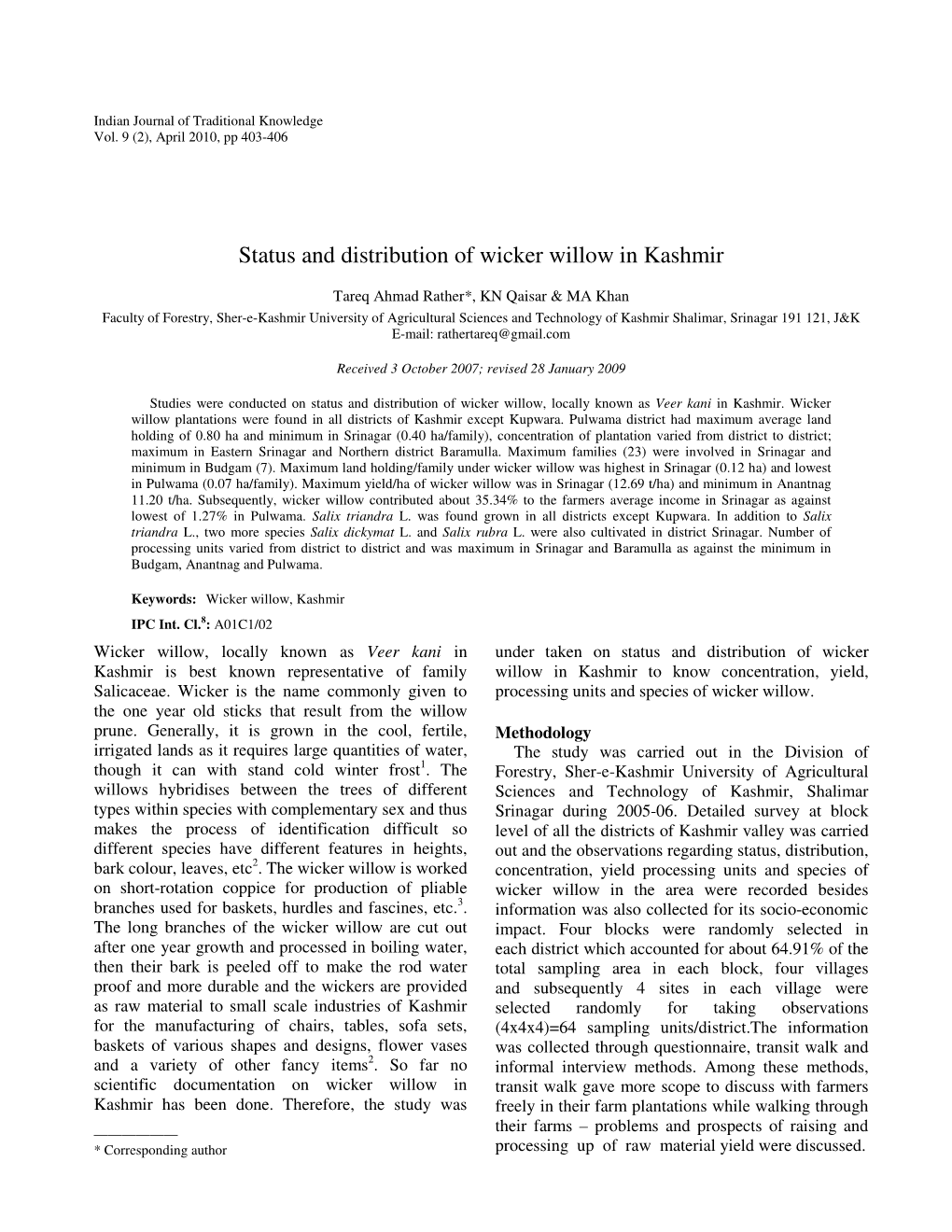 Status and Distribution of Wicker Willow in Kashmir