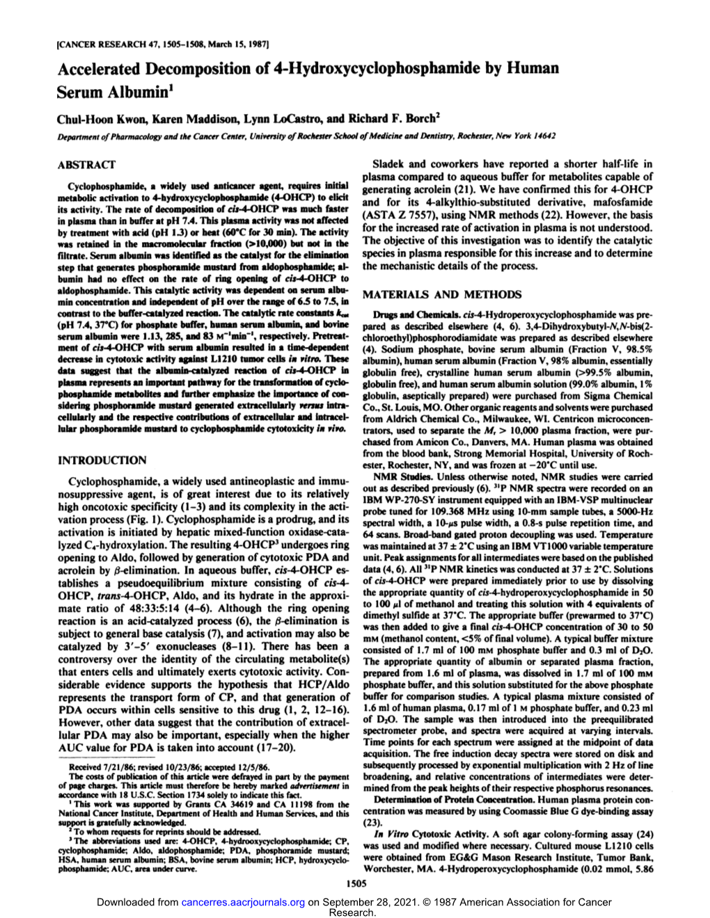 Accelerated Decomposition of 4-Hydroxycyclophosphamide by Human Serum Albumin1