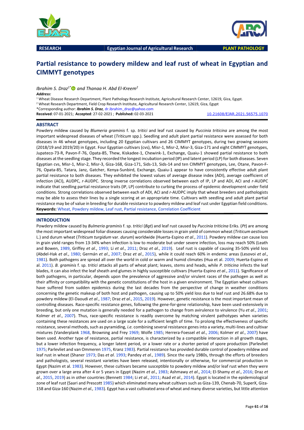 Partial Resistance to Powdery Mildew and Leaf Rust of Wheat in Egyptian and CIMMYT Genotypes