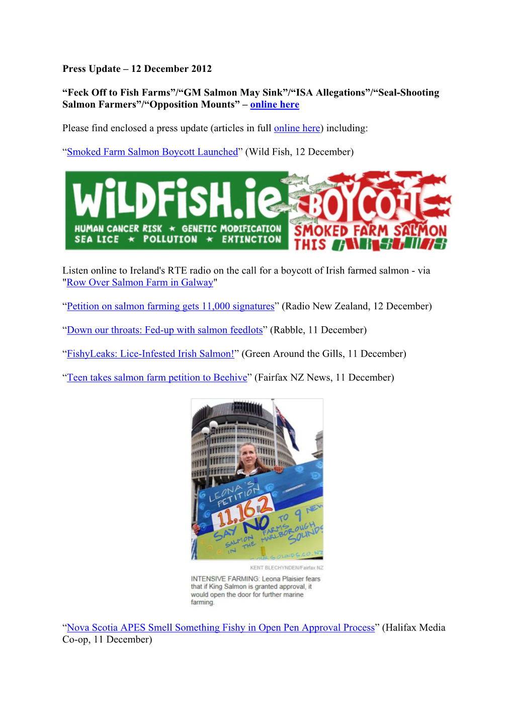 Press Update – 12 December 2012 “Feck Off to Fish
