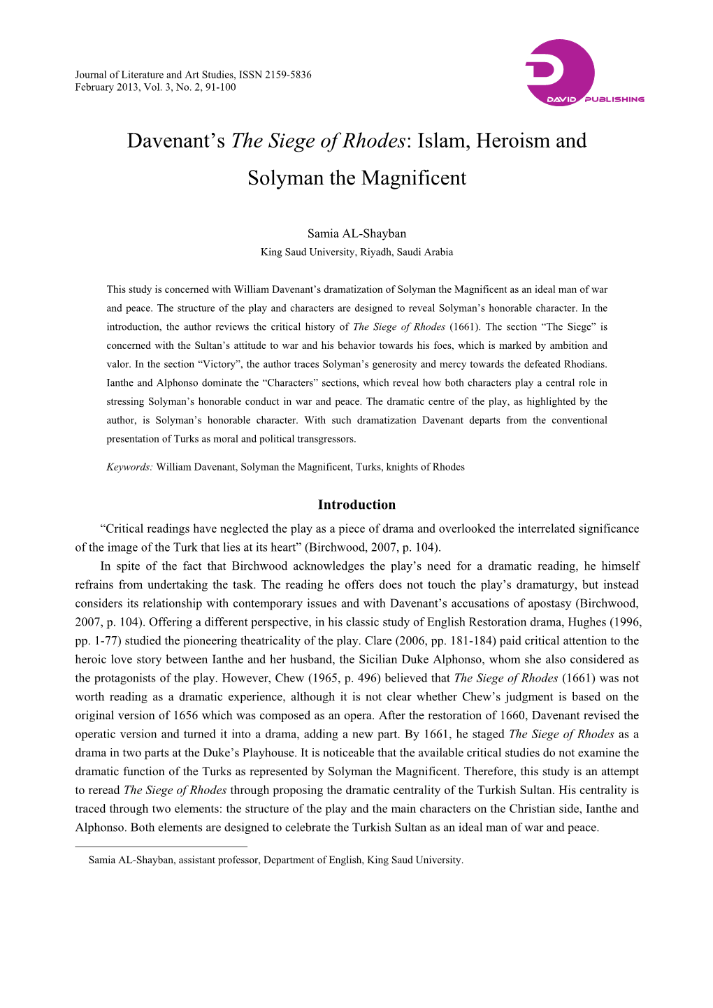 Davenant's the Siege of Rhodes: Islam, Heroism and Solyman The