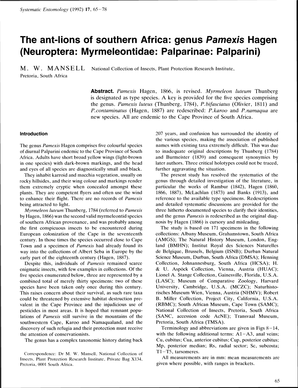 The Ant-Lions of Southern Africa: Genus Pamexis Hagen (Neuroptera: Myrmeleontidae: Palparinae: Palparini)