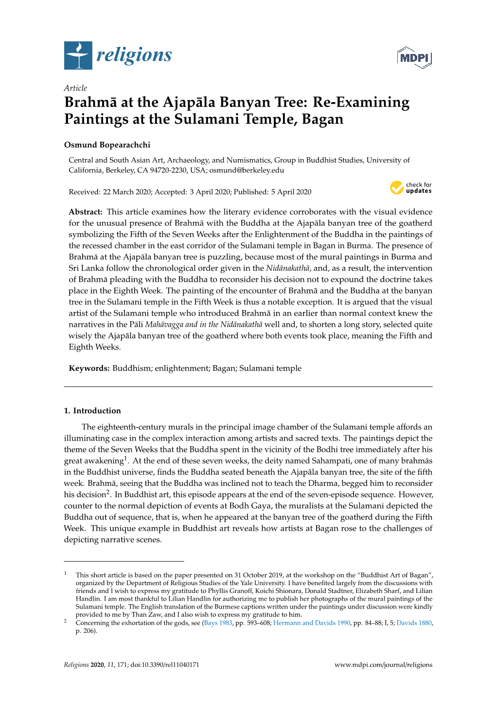 Brahmā at the Ajapāla Banyan Tree: Re-Examining Paintings at the Sulamani Temple, Bagan