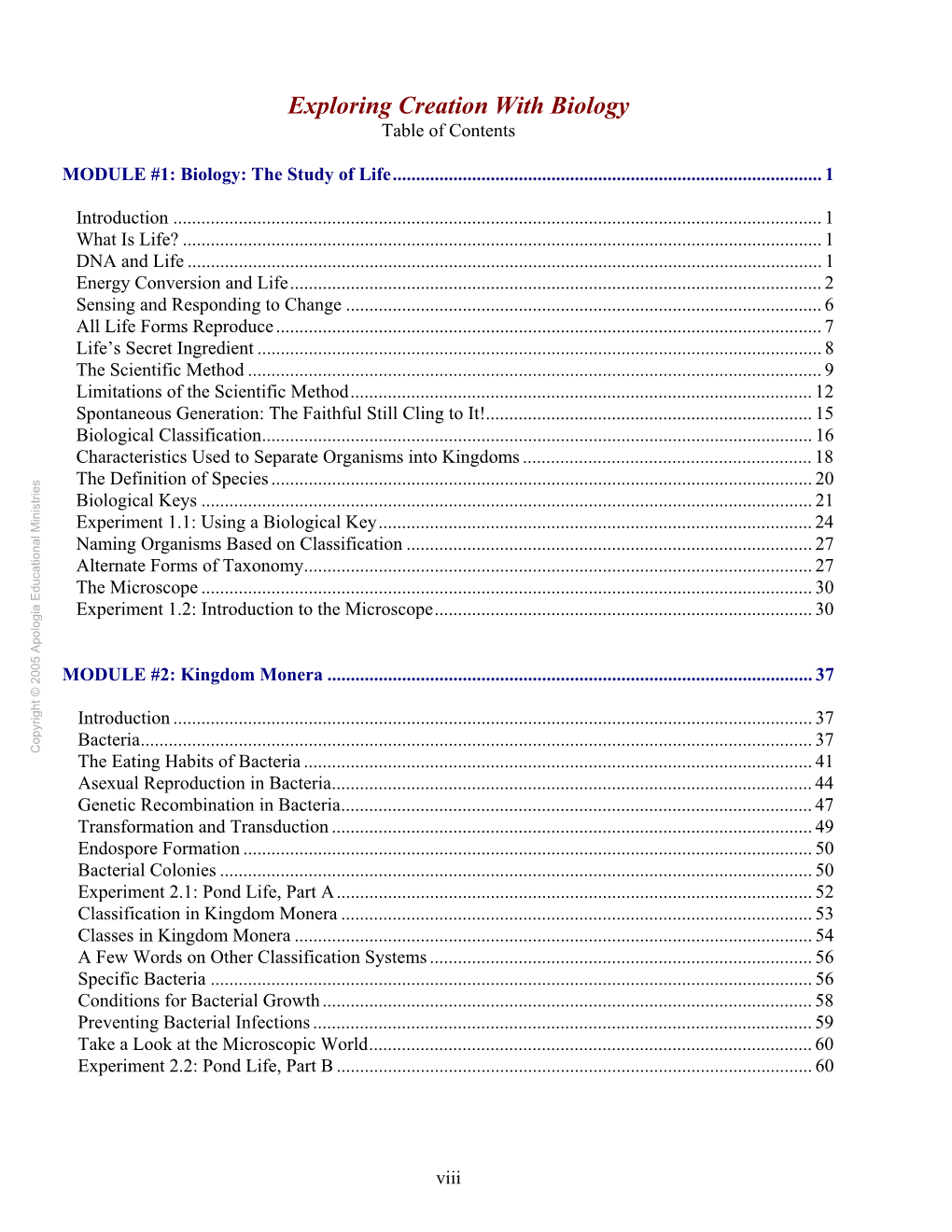 Exploring Creation with Biology Table of Contents