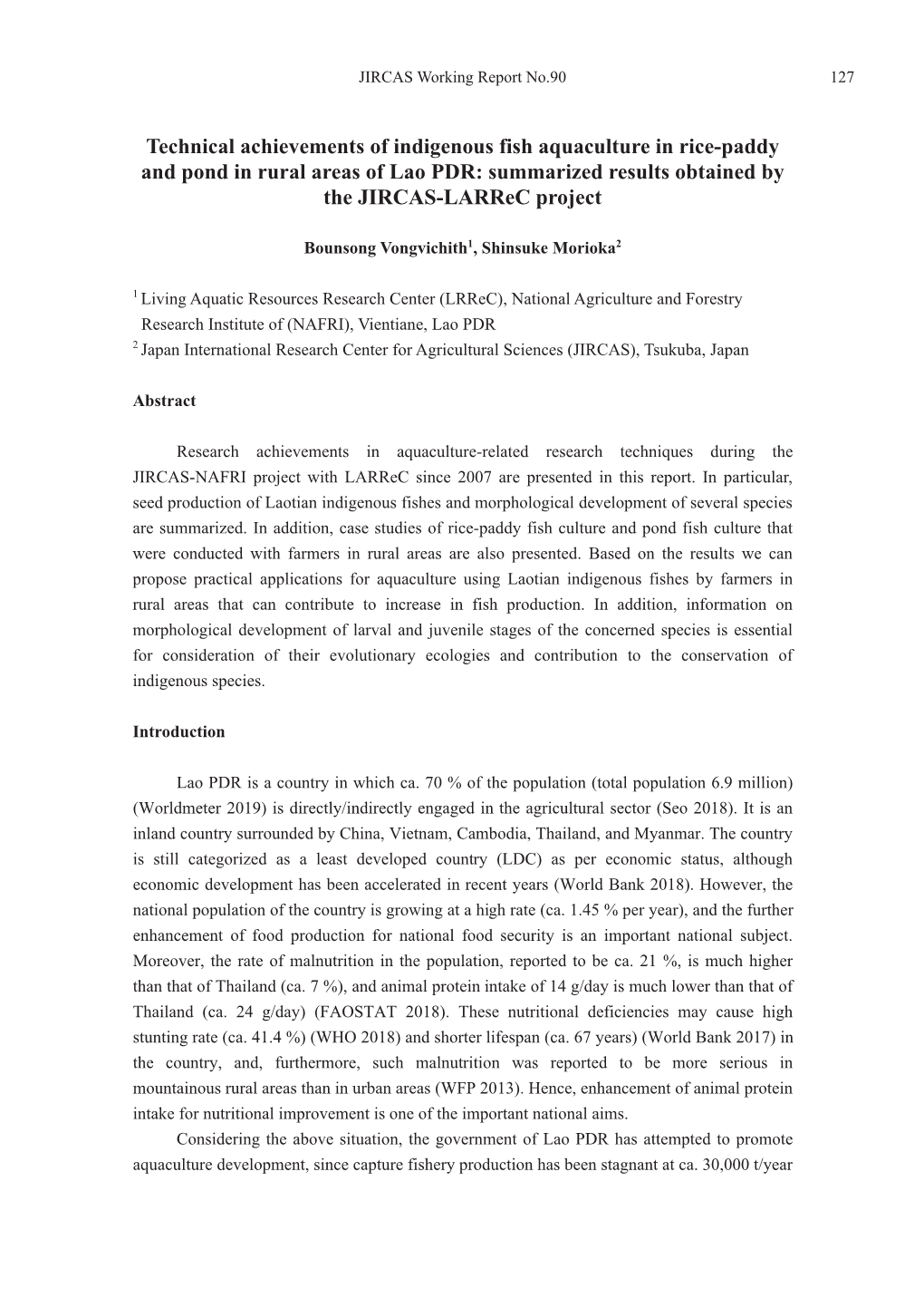 Technical Achievements of Indigenous Fish Aquaculture in Rice-Paddy and Pond in Rural Areas of Lao PDR: Summarized Results Obtained by the JIRCAS-Larrec Project