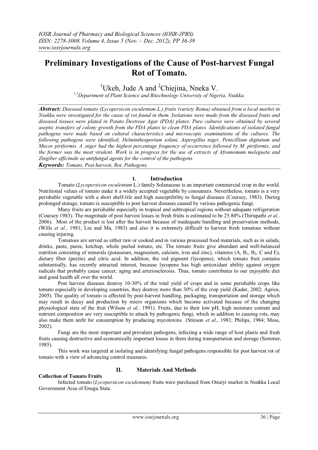 Preliminary Investigation of Post-Harvest Rot of Tomato