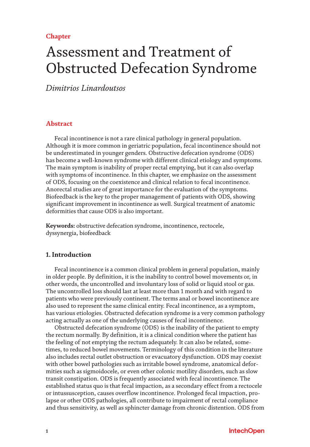 Assessment and Treatment of Obstructed Defecation Syndrome Dimitrios Linardoutsos
