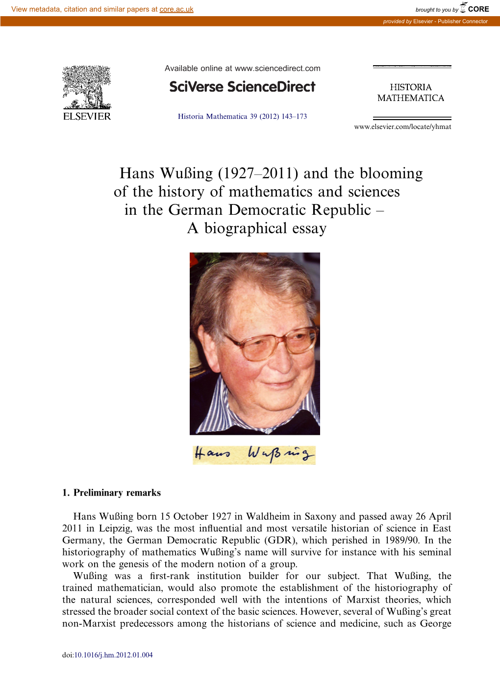 Hans Wußing (1927–2011) and the Blooming of the History of Mathematics and Sciences in the German Democratic Republic – a Biographical Essay