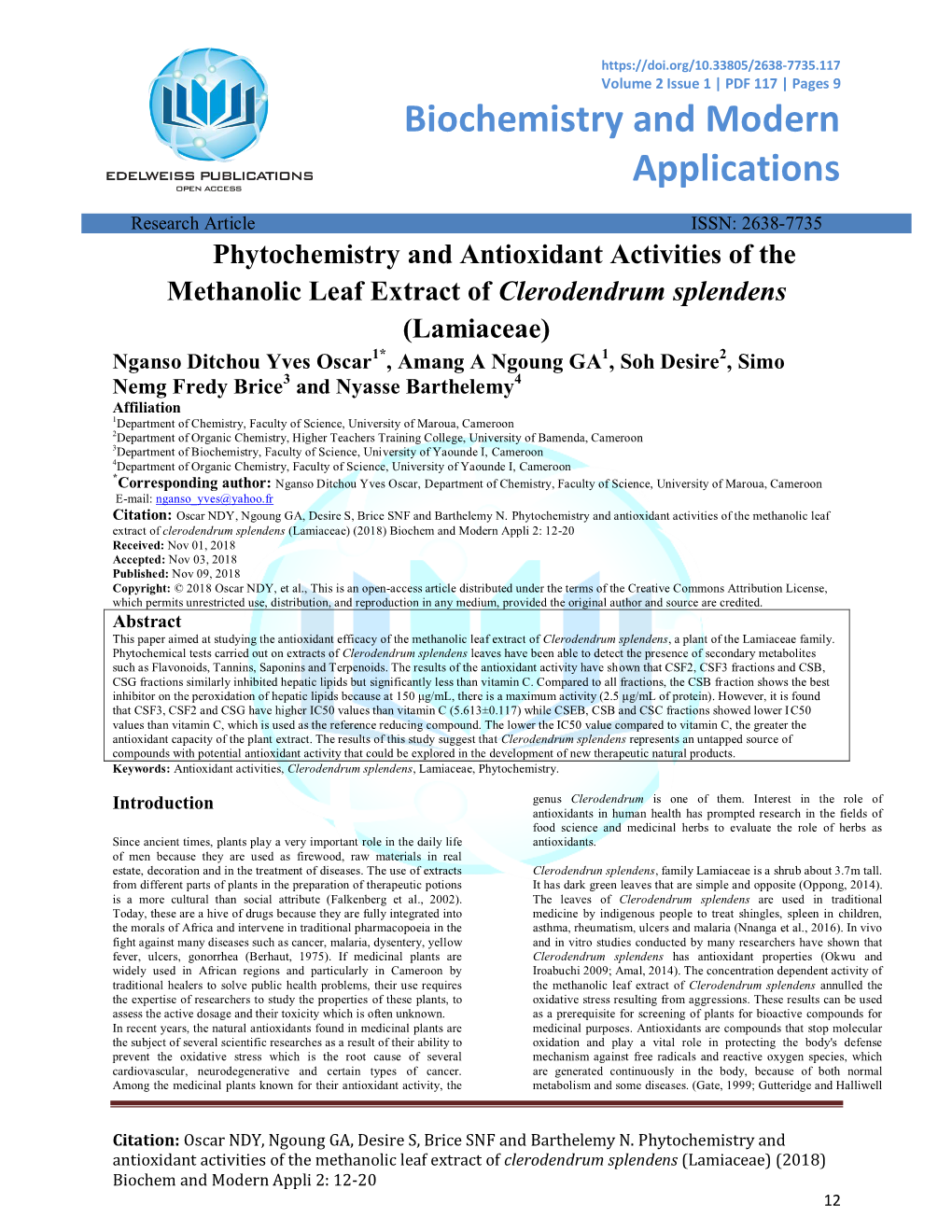 Phytochemistry and Antioxidant Activities of the Methanolic Leaf