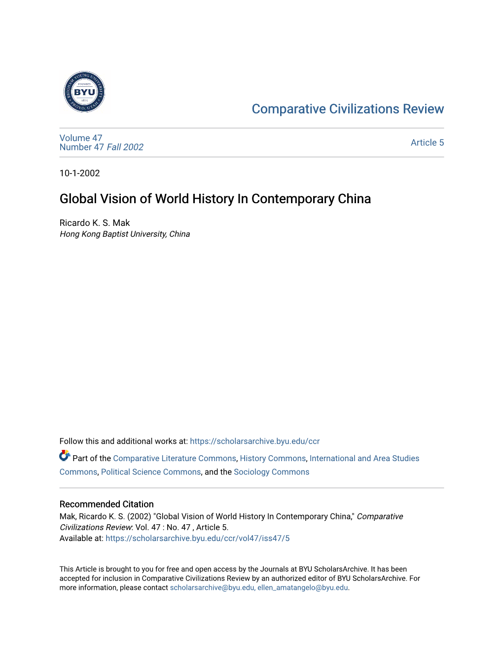 Global Vision of World History in Contemporary China