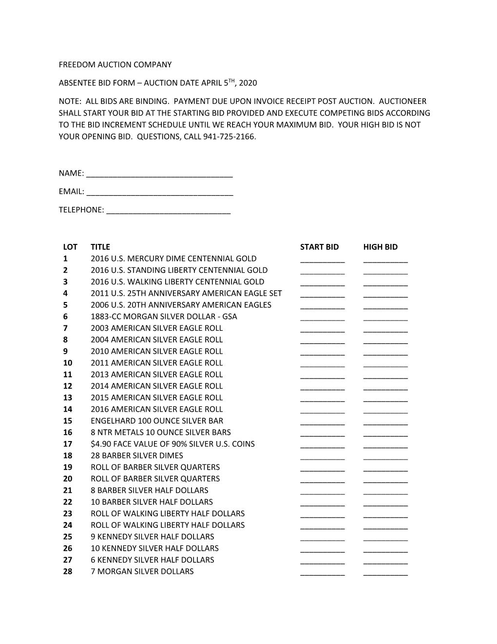 Freedom Auction Company Absentee Bid Form