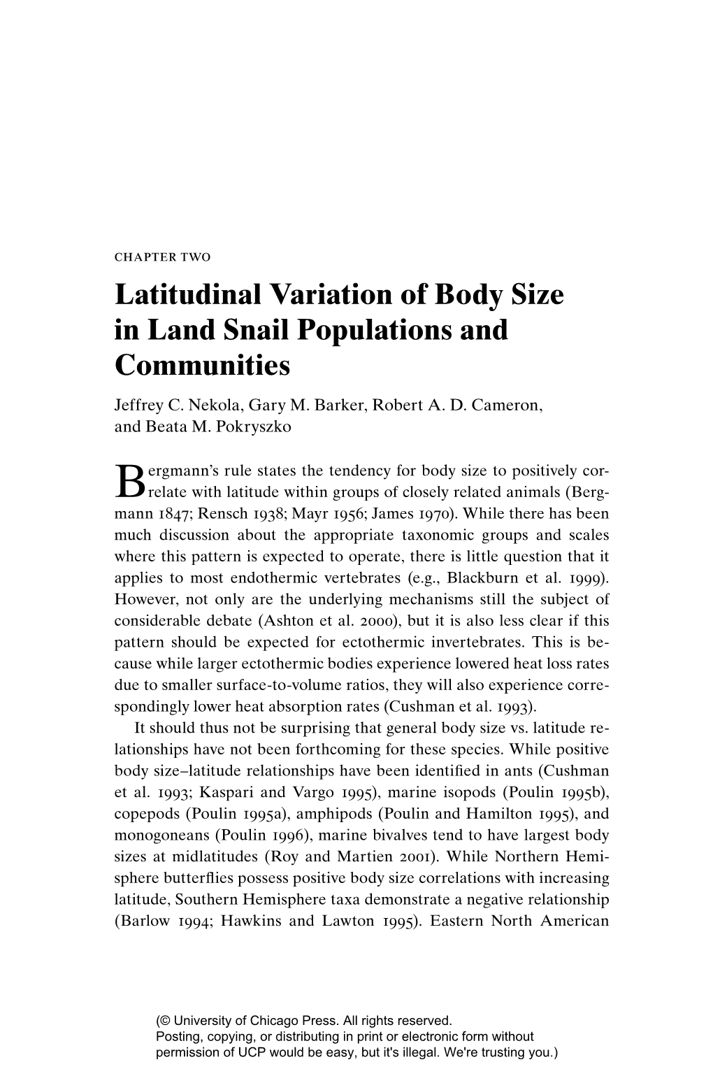 Latitudinal Variation of Body Size in Land Snail Populations and Communities Jeffrey C