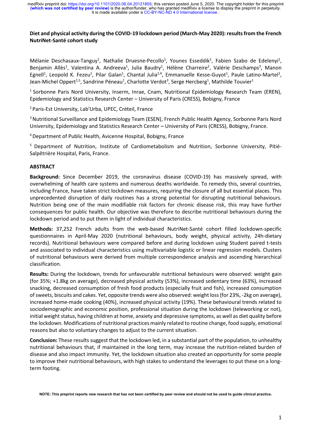 Diet and Physical Activity During the COVID-19 Lockdown Period (March-May 2020): Results from the French Nutrinet-Santé Cohort Study