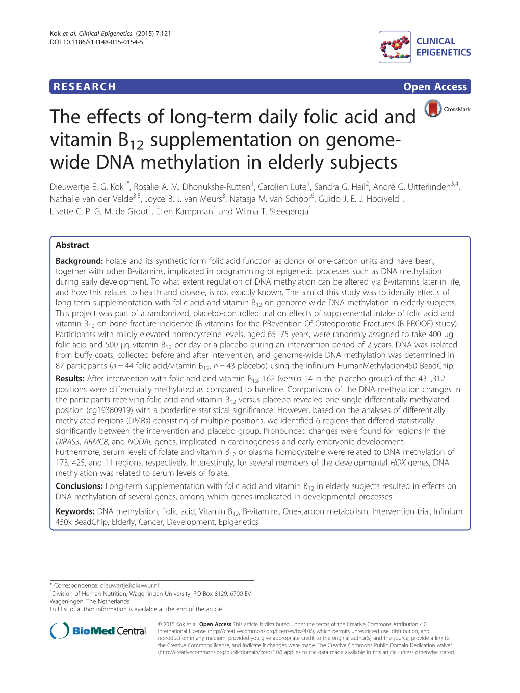 The Effects of Long-Term Daily Folic Acid and Vitamin B12 Supplementation on Genome- Wide DNA Methylation in Elderly Subjects Dieuwertje E