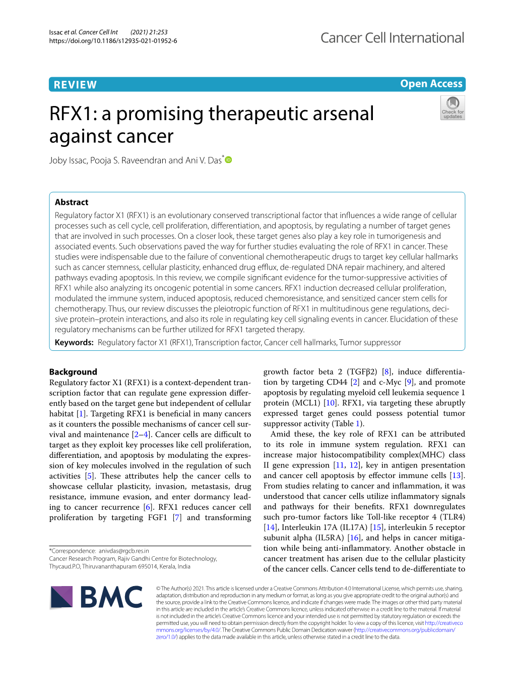 RFX1: a Promising Therapeutic Arsenal Against Cancer Joby Issac, Pooja S