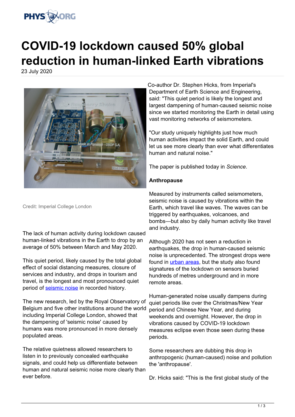 COVID-19 Lockdown Caused 50% Global Reduction in Human-Linked Earth Vibrations 23 July 2020