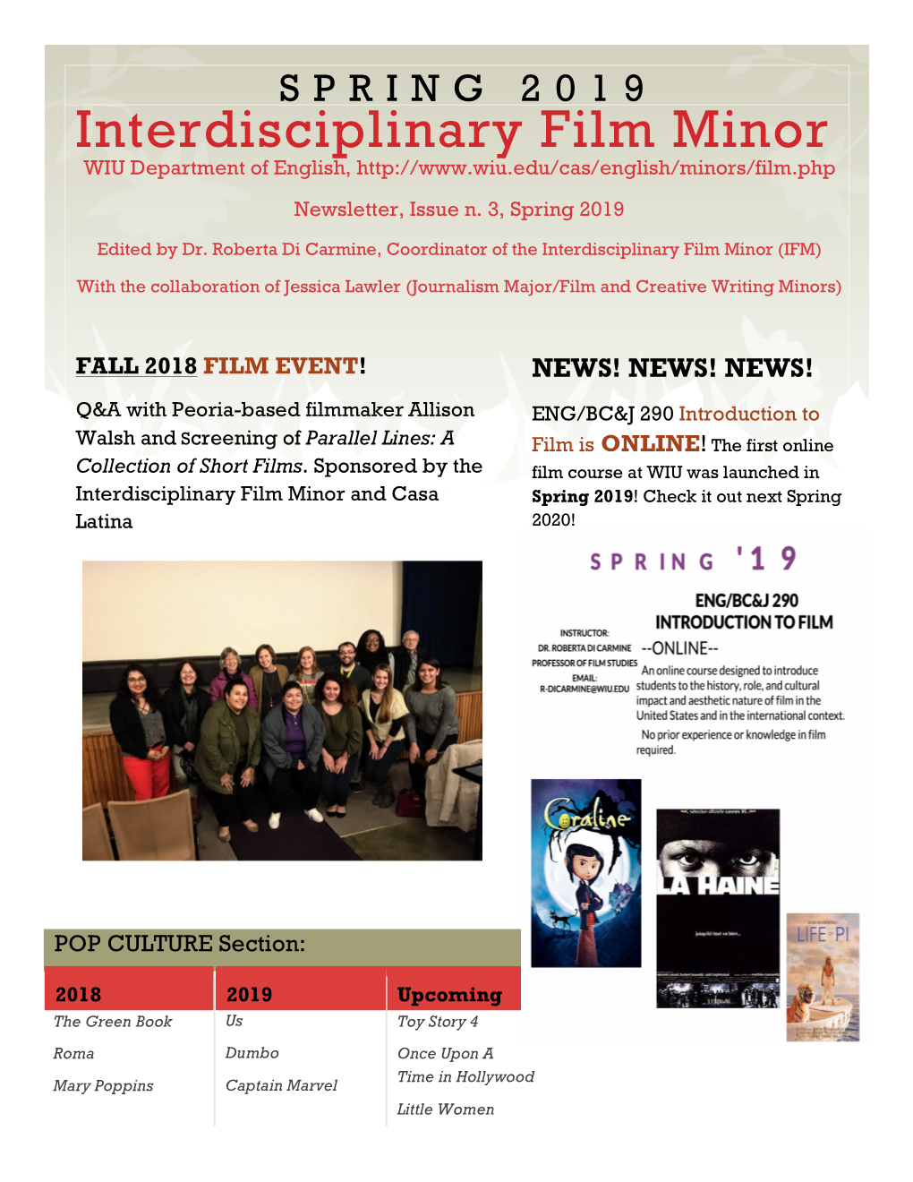 Interdisciplinary Film Minor WIU Department of English, Newsletter, Issue N