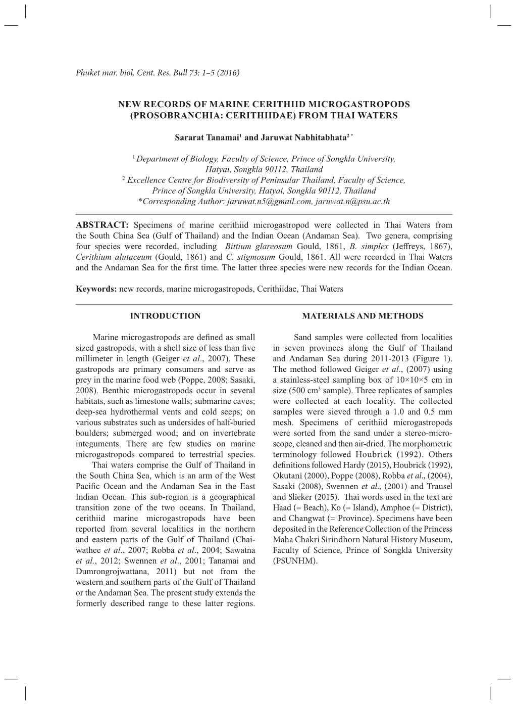 New Records of Marine Cerithiid Microgastropods (Prosobranchia: Cerithiidae) from Thai Waters