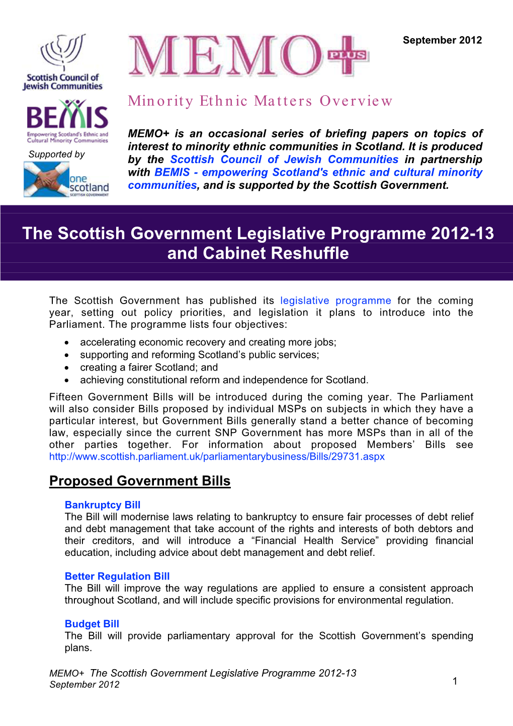 MEMO+ the Scottish Government Legislative Programme 2012-13 September 2012 1