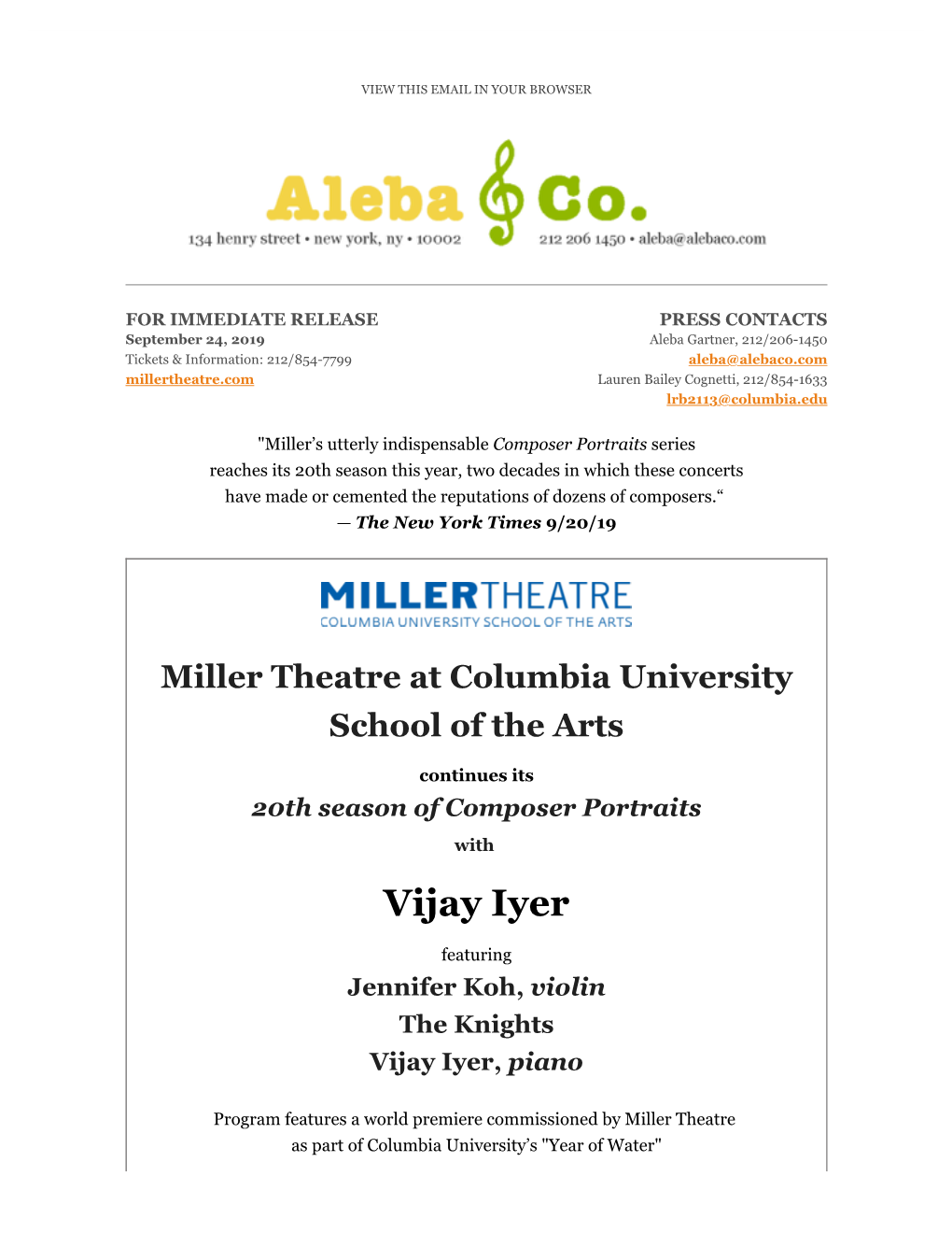Miller Theatre Presents a Composer Portrait of VIJAY IYER, with Jennifer